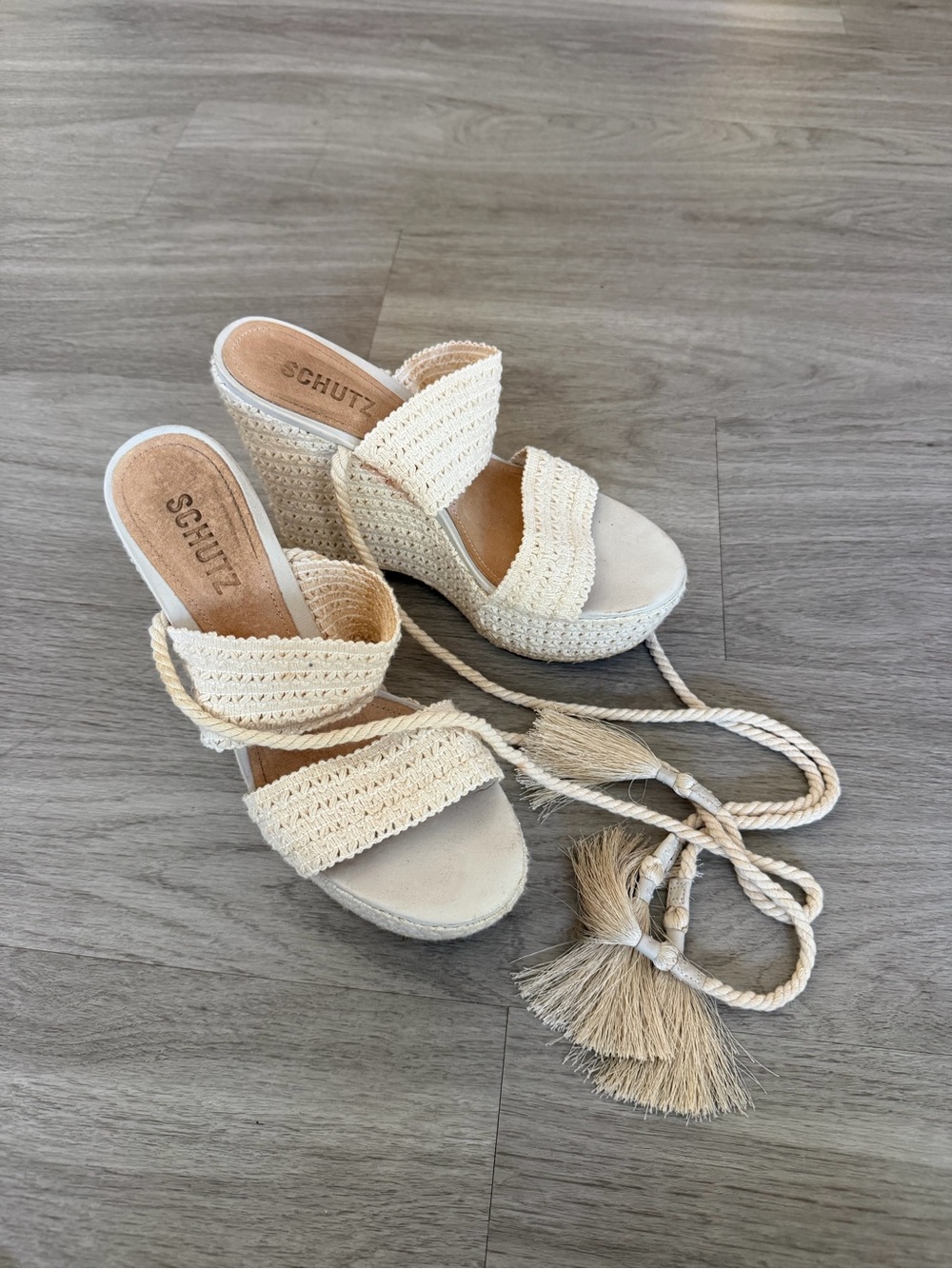 SCHUTZ Cream Woven Espadrille Wedge Sandals with Ankle Ties